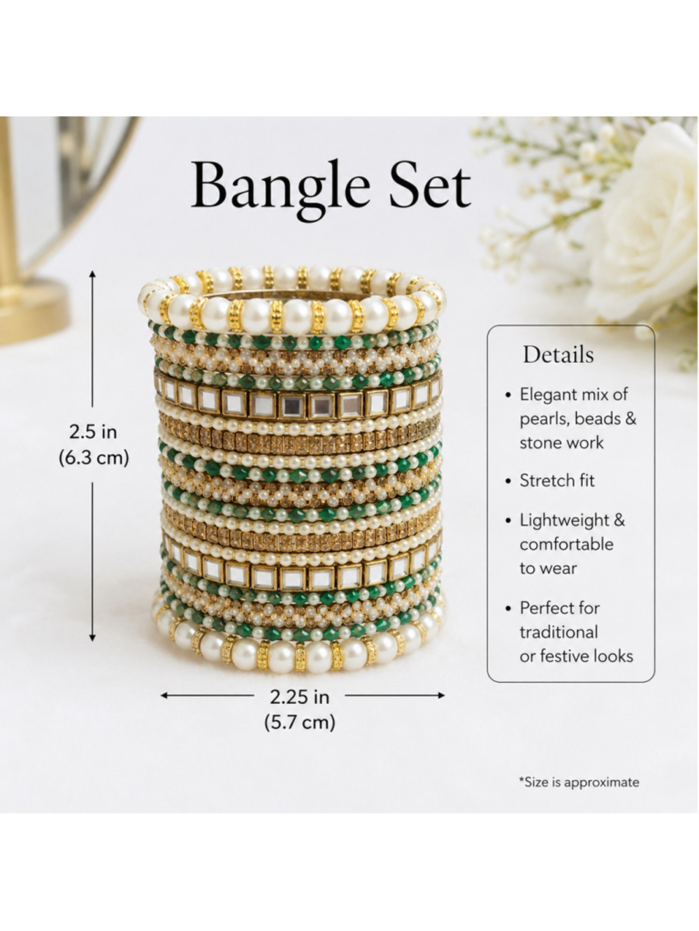 Elegant Green & Pearl Gold Bangle Set – Indian/Pakistani Jewelry